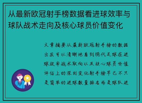 从最新欧冠射手榜数据看进球效率与球队战术走向及核心球员价值变化
