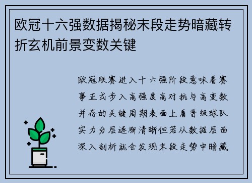 欧冠十六强数据揭秘末段走势暗藏转折玄机前景变数关键
